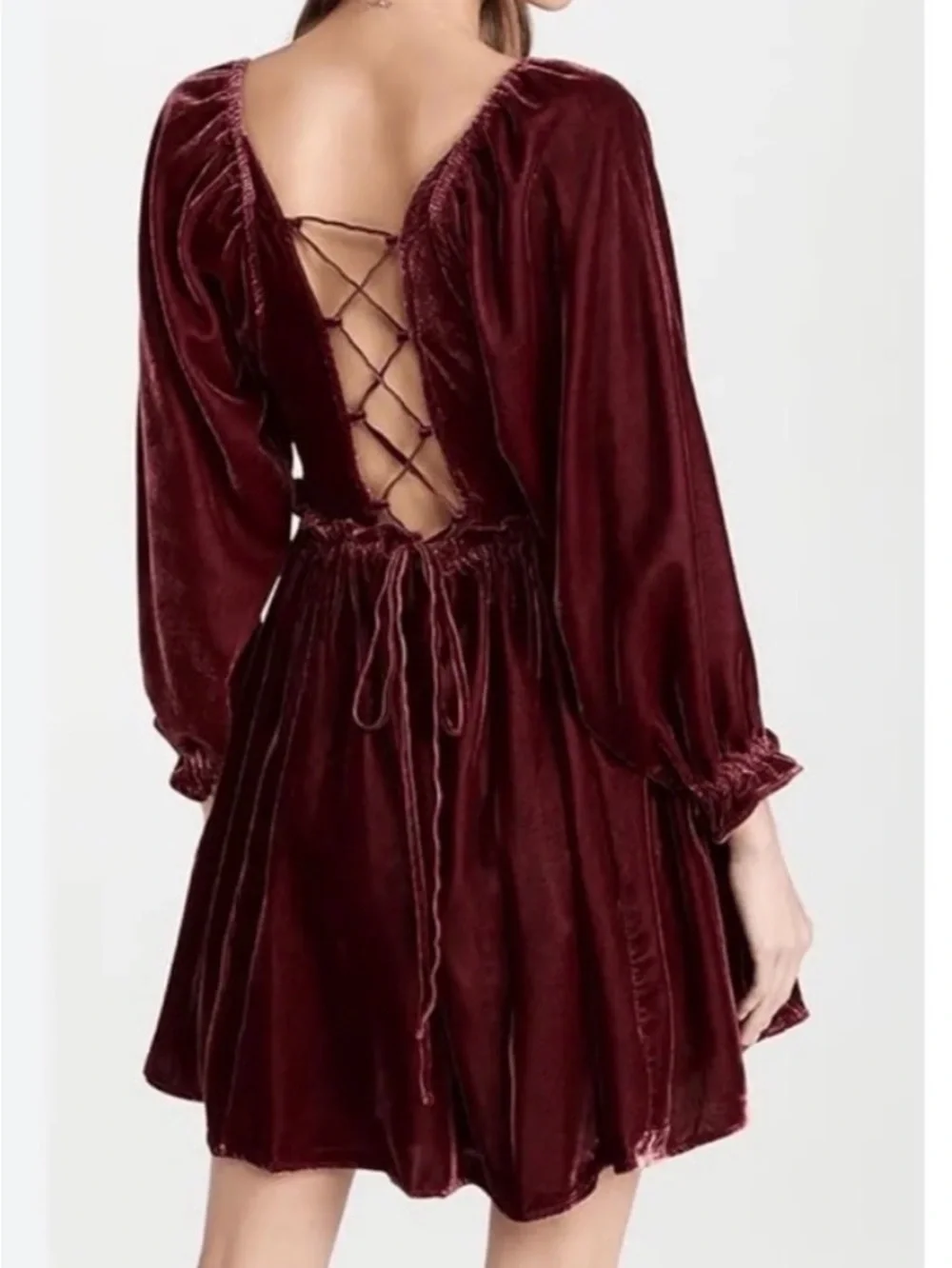 Free People Daphne‎ Velvet Mini Dress Open Lace-up Back, Deep Red, Maroon, Small